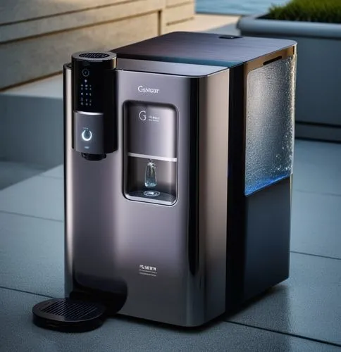 一款饮水机，高端的银灰色质感,a metallic computer case is sitting on the floor,water dispenser,sodastream,paykel,delonghi,watercooler,grundfos,Photography,General,Natural