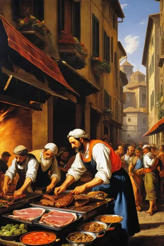 sicilian cuisine,souk,spice market,the market,vegetable market,spice souk,fishmonger,souq,large market,market,grand bazaar,mediterranean cuisine,italian painter,fish market,vendors,fruit market,street food,street scene,bazaar,marketplace,Art,Classical Oil Painting,Classical Oil Painting 21