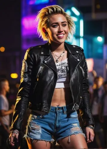 miley,smilers,trl,mtv,bea,demi,midriff,leather jacket,emeli,iheartradio,riah,jean shorts,smiler,billie,tongue,unbuttoned,midriffs,wcw,denim background,short blond hair,Conceptual Art,Daily,Daily 01