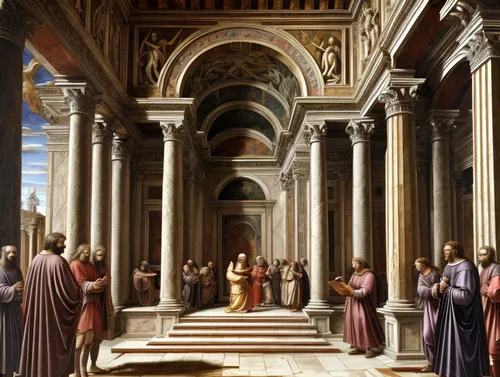 Renaissance painting, by ghirlandaio, masterpiece, biblical figures, angels, classical architecture, temple, perspective,school of athens,musei vaticani,church painting,monastery of santa maria delle 