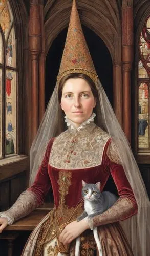 gothic portrait,portrait of christi,the hat of the woman,woman holding pie,medieval hourglass,cat sparrow,portrait of a woman,conical hat,the prophet mary,girl in a historic way,victorian lady,joan of arc,cat european,portrait of a girl,overskirt,tudor,margaret,cat portrait,elizabeth nesbit,metropolitan bishop,Digital Art,Comic