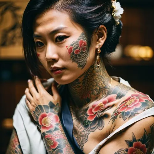 traditional Japanese yakuza tattoos,a woman with tattoos on her chest and arms,tattoo girl,geisha girl,japanese woman,geisha,oriental girl,geiko,Photography,Documentary Photography,Documentary Photogr