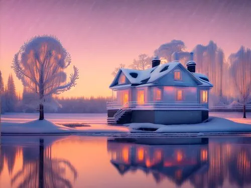 sun,winter house,lonely house,house by the water,house silhouette,house with lake,winter background,little house,miniature house,cottage,winter landscape,snow landscape,small house,snowhotel,snowy lan