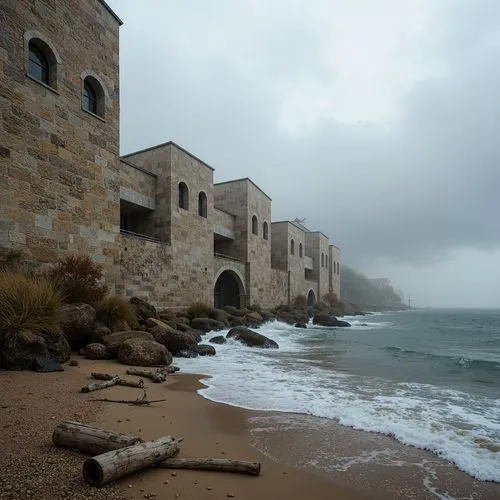 Weathered coastal walls, rough-hewn stone masonry, rustic textures, ocean-battered fortifications, seaside villas, salty air, crashing waves, sandy beaches, driftwood accents, nautical ropes, weathere