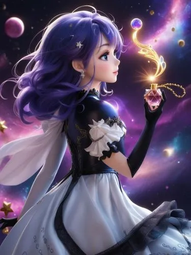 Gothic cosmic twilight anime enchantress girl holding a perfume bottle hd graphics hd detail hd quality hd 3d,fairy galaxy,celestial event,luna,constellation lyre,starlight,acerola,celestial body,cele