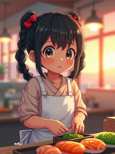 Vibrant anime style. Medium shot. A chubby Japanese girl with braided black hair, wearing a traditional white apron, prepares sushi in a bustling restaurant behind the counter. Medium shot. Inspired b