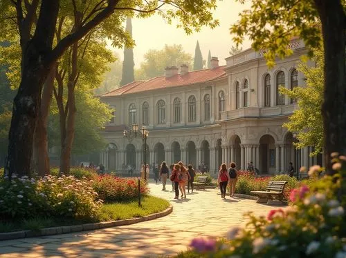 Suburban settings, Byzantine style schools, warm afternoon sunlight, golden hue on stone walls, ornate architecture, red-tiled roofs, white marble columns, lush greenery surrounding buildings, bloomin