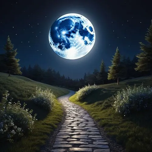 path at night with dramatic moonlight, dramatic moonlight, beautiful moonlight, full moon night, moonlight, moonlight, beautiful moonlight night, moonlight, moon night dreamy atmosphere, moonlight glo