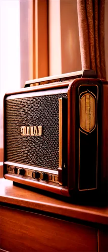 Old radio, vintage microphone, wooden cabinet, intricate carvings, metal knobs, brown leather wrapping, golden grille, warm lighting, shallow depth of field, cinematic composition, nostalgic atmospher