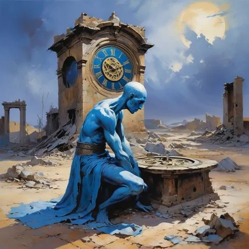 dr. manhattan,rem in arabian nights,blue enchantress,clockmaker,prejmer,ruins,ruin,mausoleum ruins,scythe,the ruins of the,justitia,fantasy art,drupal,sand timer,necropolis,scales of justice,time spiral,sun dial,blue painting,fantasy picture,Conceptual Art,Oil color,Oil Color 03