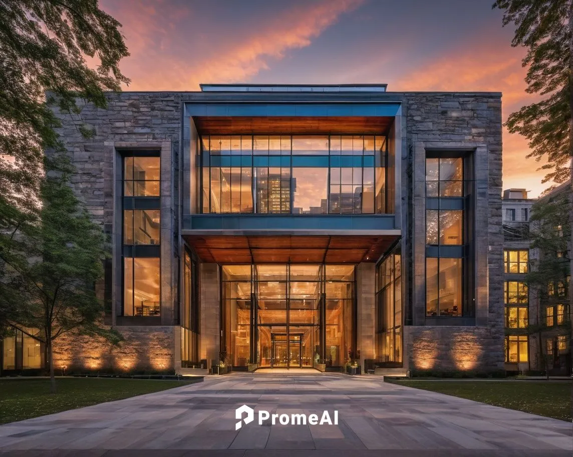 Modern American Institute of Architects building, grand entrance, stone walls, large windows, glass roof, wooden doors, metal handles, urban landscape, cityscape, skyscrapers, busy streets, evening ti