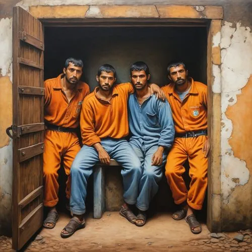 prison,prisoner,orange robes,oil painting on canvas,monks,oil painting,men sitting,arbitrary confinement,oil on canvas,khokhloma painting,captivity,forced labour,italian painter,caravansary,buddhists monks,emancipation,in custody,india,three wise men,by chaitanya k,Art,Classical Oil Painting,Classical Oil Painting 34