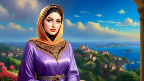 Romantic masterpiece oil painting, beautiful girl portrait, abaya dress, nostalgic 1950's style kitsch, breathtaking beautiful epic vast landscape, majestic scenery, highly detailed, high res, absurdr