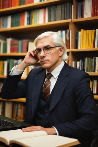 Textbook, computer organization and architecture, William Stallings, author, bespectacled, white hair, formal wear, suit, tie, sitting, desk, laptop, papers, pens, library, wooden shelves, books, calm