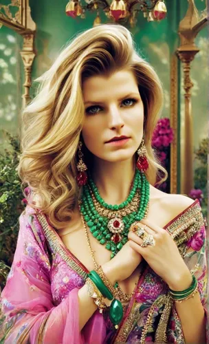 Extravagant fashion portrait of a woman wearing vibrant attire adorned with floral prints, vivid reds, and greens. Accessorized with gem-encrusted bold gold necklaces and oversized ruby earrings. Stri