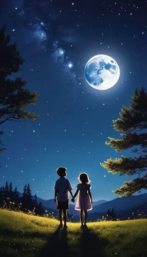 the moon and the stars,moon and star background,little boy and girl,children's background,moon and star,girl and boy outdoor,moonlit night,starry sky,moonlight,night stars,stars and moon,my neighbor totoro,clear night,stargazing,dream world,romantic scene,studio ghibli,the night sky,moon night,night sky,Photography,General,Realistic