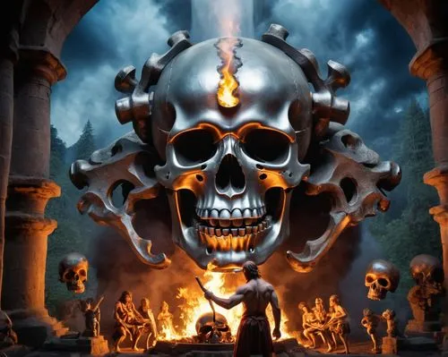 Hephaestus is forging the steel skull for a wounded human,a picture of the skull, with flames and skulls surrounding,skull sculpture,skull statue,avantasia,day of the dead frame,cauldron,portal,Illust