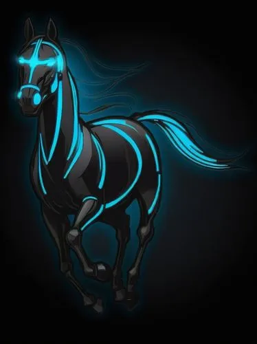 a futuristic vector logo of a galloping mustang, glowing led, black bacground,neon - blue digital horse in the dark,patronus,darkhorse,garrison,black horse,equus,weehl horse,Illustration,Black and Whi