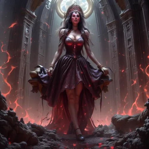 A Young Women Standing with flames around her feet.,woman in a devil costume holding a chair,abaddon,melisandre,demoness,infernal,hecate,gothic woman