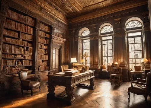 Old, leather-bound architectural books, golden font, thick pages, vintage style, wooden desk, dimly lit study room, warm lamp lighting, ornate bookshelves, ancient buildings, Greek columns, intricate 