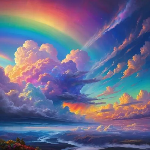 A painting of a rainbow-colored sky with clouds and rainbows, very colorful heavenly, ethereal rainbow nimbus, bright rainbow nimbus, iridescent clouds, heavenly colors, on cosmic cloudscape, sunny ra