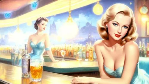 Romantic masterpiece oil painting, beautiful skinny busty woman portrait, silk dress, nostalgic 1950's style kitsch, sitting at a bar, nightclub, dim lighting, highly detailed, high res, absurdres, by