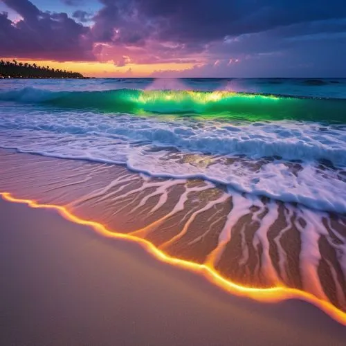 colorful light,light trail,greens beach,rainbow waves,intense colours,bioluminescent,night glow,beach erosion,beautiful beaches,long exposure light,splendid colors,beautiful beach,bioluminescence,pink beach,colorful water,shipwreck beach,sunrise beach,hawaii,light phenomenon,long exposure,Photography,General,Realistic