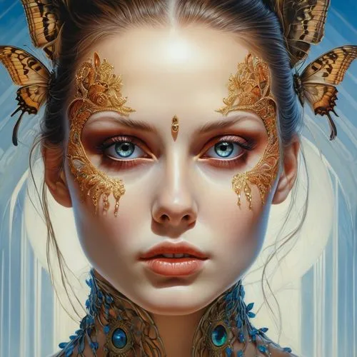 fantasy portrait,fantasy art,valerian,faerie,mystical portrait of a girl,faery,fantasy woman,priestess,the enchantress,gatekeeper (butterfly),vanessa (butterfly),sci fiction illustration,morpho,fractals art,golden mask,faun,blue enchantress,cleopatra,ulysses butterfly,shamanic,Photography,General,Realistic