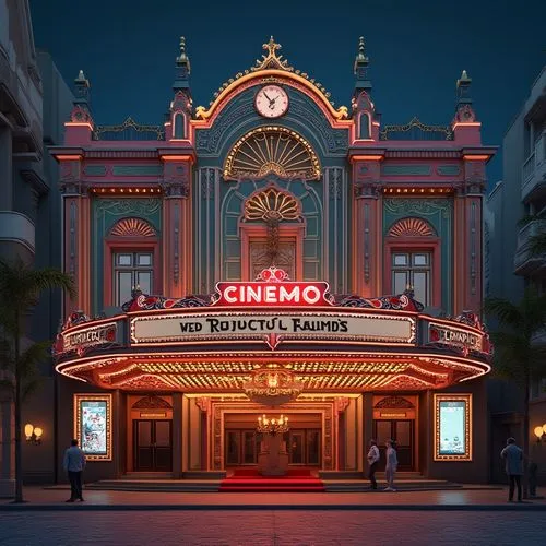 Vibrant cinema facade, eclectic architectural style, ornate decorations, intricate moldings, grand entranceways, red carpet, golden accents, art deco patterns, futuristic neon lights, LED displays, dy