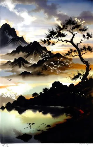 watercolor pine tree,japanese art,japan landscape,lonetree,watercolor background,oriental painting,the japanese tree,watercolor tree,watercolor paint strokes,lone tree,landscape background,watercolorist,watercolour,rising sun,watercolor,watercolour paint,japanese mountains,virtual landscape,hoshihananomia,world digital painting,Illustration,Paper based,Paper Based 30