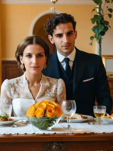 View into the upper-class Berlin apartment of a newlywed German-Jewish couple aged between 20 and 30. They are both clearly visible sitting at a richly laid table in the foreground.,a man in a suit an