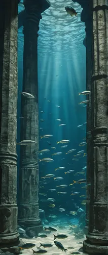 Many fish seek protection between the pillars where larger predators may have a difficult time accessing.,underwater landscape,underwater background,sunken church,ocean underwater,pillars,undersea,und