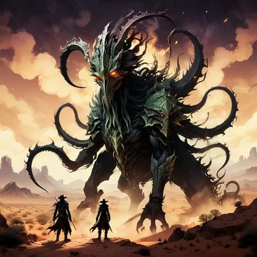 a group of zombies walking across a desert,susanoo,nyarlathotep,kaido,rathborne,bahamut,nidaros,Conceptual Art,Fantasy,Fantasy 02