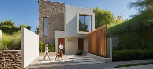 CASA ESTILO MINIMALISTA UBICADA, COMBINANDO LOS COLORES VIBRNTES DE LA ARQUITECTURA MEXICANA Y LA PIEDRA DE RECINTO,  EN UN FRACCIONAMIENTO CON VEGETACIÓN EXUBERANTE, PERSONAS,ARBOLES, PALMERAS, CORRE