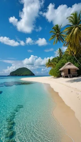 A beautiful beach on a deserted island, with a hut in the background.,grenadines,tropical beach,cook islands,dream beach,caribbean beach,caribbean,tropical island,beautiful beaches,fiji,beautiful beac