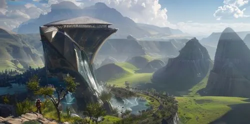 futuristic landscape,fantasy landscape,elves flight,mountainous landforms,terraforming,floating islands,meteora,wasserfall,karst landscape,mushroom island,mountain world,kadala,northrend,imperial shores,mushroom landscape,fantasy picture,mountainous landscape,alien world,ancient city,an island far away landscape,Common,Common,Game