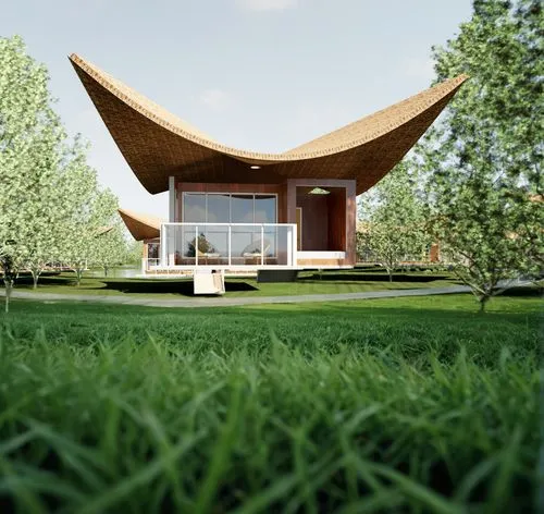 3d rendering,grass roof,render,sketchup,summer house,golf lawn