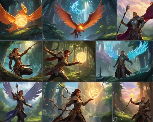 druid grove,summoner,flora abstract scrolls,runes,druids,torches,druid,greek gods figures,four seasons,backgrounds,tribal arrows,angels of the apocalypse,mage,fighting poses,elves flight,bard,elven forest,fantasy art,scrolls,visual effect lighting,Unique,Design,Character Design