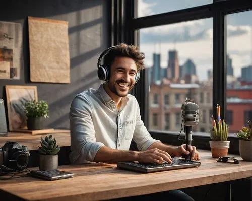 Modern minimalist studio, wooden desk, microphone, headphones, camera, lens, notebook, pencil, creative workspace, warm lighting, cozy atmosphere, male host, casual wear, jeans, white shirt, messy hai