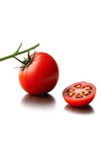 Ripe tomato, still life, solo, glossy skin, green stem, leafy vine, wooden table, natural light, warm color tone, shallow depth of field, 3/4 composition, soft focus, realistic texture, morning dew.,r