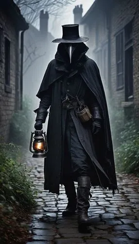 Dark fantasy atmosphere, eerie abandoned cityscape, plague doctor costume, worn leather boots, tattered black cloak, beaked mask, gloves with pouches, old lantern, dim warm lighting, misty foggy air, 