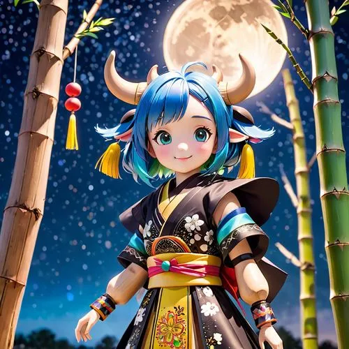 tanabata festival, wood mannequin, tanabata decorations, bamboo with tanzaku strips, cow head, cow face, bovine face, bovine head, female mannequin, female minotaur,  anthropomorphic cow, muscular phy