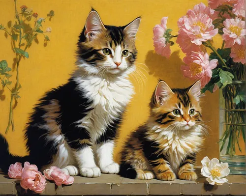 vintage cats,american wirehair,two cats,kittens,oil painting,cat family,felines,young couple,baby cats,cattles,american shorthair,cat lovers,calico cat,oil painting on canvas,cute animals,american bobtail,flower painting,vintage boy and girl,cat image,florists,Art,Classical Oil Painting,Classical Oil Painting 09