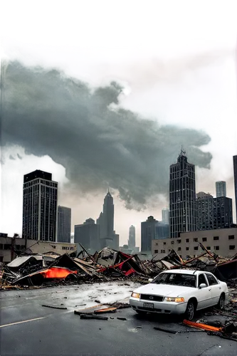 Apocalyptic landscape, destroyed cityscape, ruins of skyscrapers, debris-filled streets, dark clouds, lightning storm, fiery blaze, abandoned cars, rubble piles, broken clocks, shattered glass, eerie 