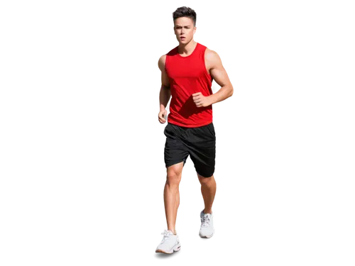 Muscular man, hot summer day, jogging pose, sweat dripping down face, athletic build, short spiky hair, no glasses, red sporty tank top, black jogging shorts, white sneakers, serious facial expression