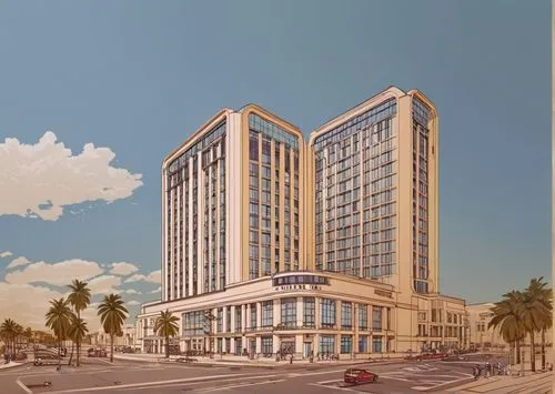 architectural drawings,a painting of a two building on a street corner,largest hotel in dubai,rotana,borgata,habtoor,hotel riviera,megaworld,Illustration,Vector,Vector 03