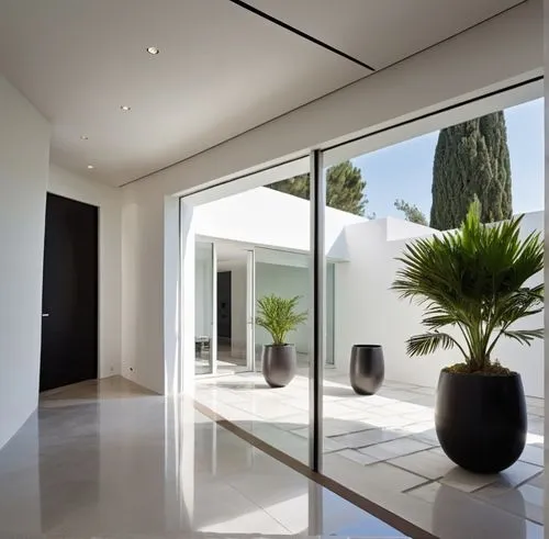 INTERIOR DEL VESTIBULO DE UNA CASA, QUE DA  AUN JARDIN INTERIOR CON MACETAS Y PLANTAS EXOTICAS, CANCALES DE ALUMINIO, CRISTAL, ILUMINACIÓN ELEGANTE Y TENUE,an elegant living area with large plants on 