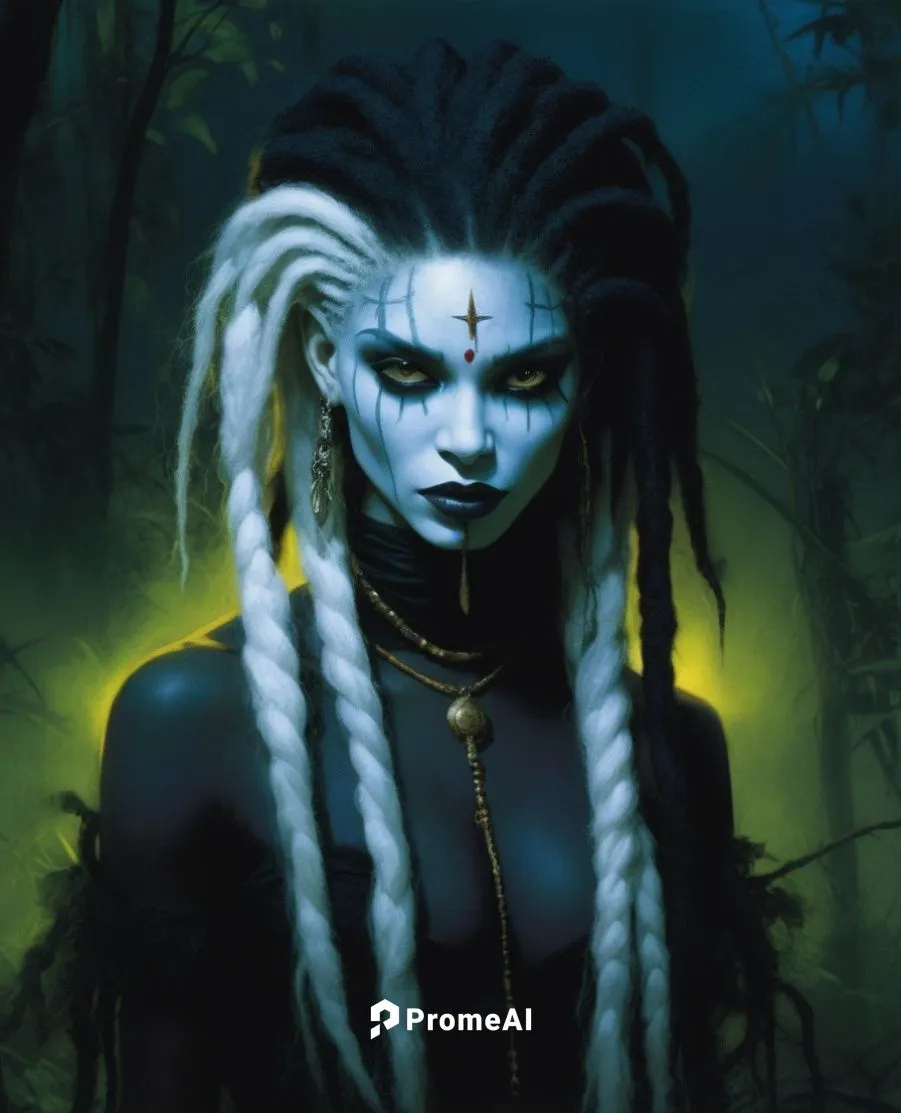 an elegant black voodoo witch, with dreadlocked hair half white and half black, performing a ritual in the swamps of New Orleans at night in the style of Tim Bradstreet,kerrii,yavana,uma,dreadlocked,d