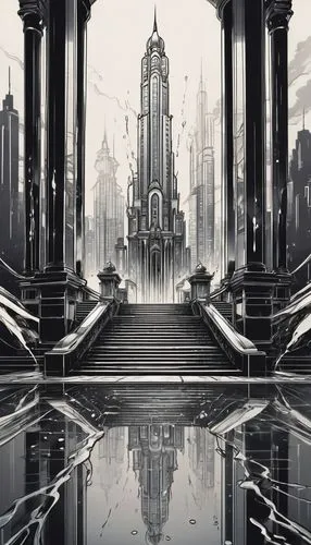 metropolis,bioshock,coruscant,theed,black city,fantasy city,dishonored,art deco,art deco background,arcology,imperialis,destroyed city,undercity,gotham,arkham,kingdoms,naboo,tirith,gothams,elseworlds,Illustration,Black and White,Black and White 34