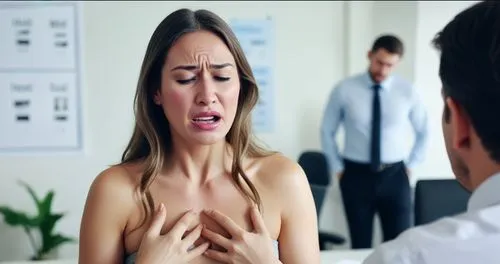 woman in office not wearing any clothes. She is crying whilst talking to manager,a woman with wrinkles standing in front of her colleagues,misoprostol,cardiac massage,hyperhidrosis,chiroscience,hypert